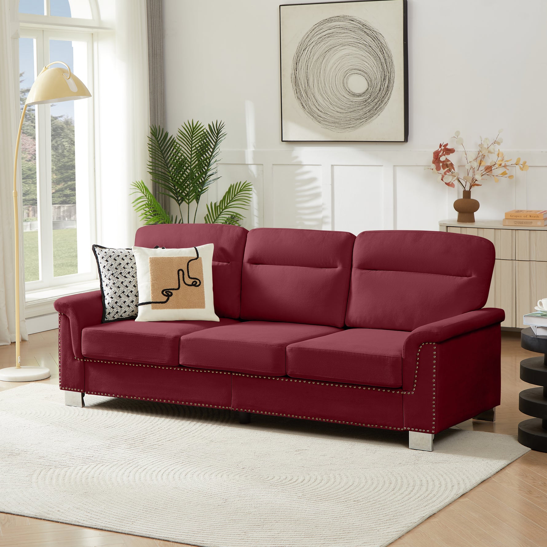 82" Modern 3-Seater Chesterfield Sofa – Burgundy Snowfleece