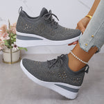 Women's rhinestone wedge sneakers, dark gray knit lace-up with rhinestone geometric panels
