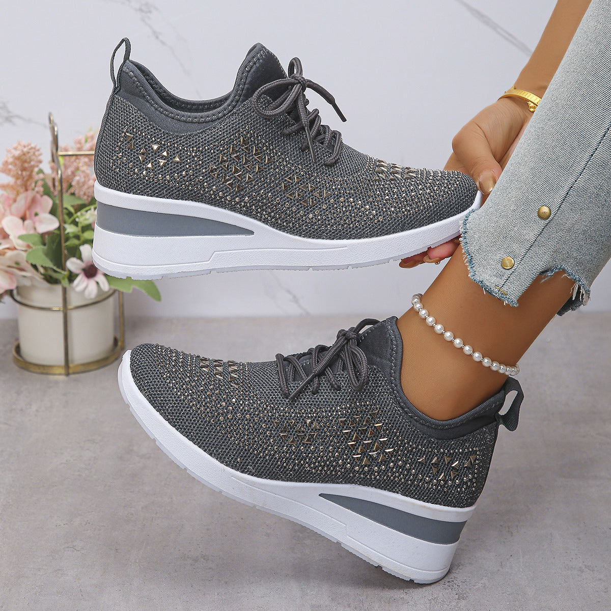 Women's rhinestone wedge sneakers, dark gray knit lace-up with rhinestone geometric panels