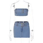 Blue denim tube top and mini skirt on mannequin, studded belt loops and buckle