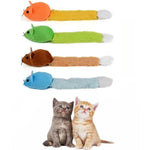 Plush long-tail mouse cat toys in orange, green, brown, and light blue colors