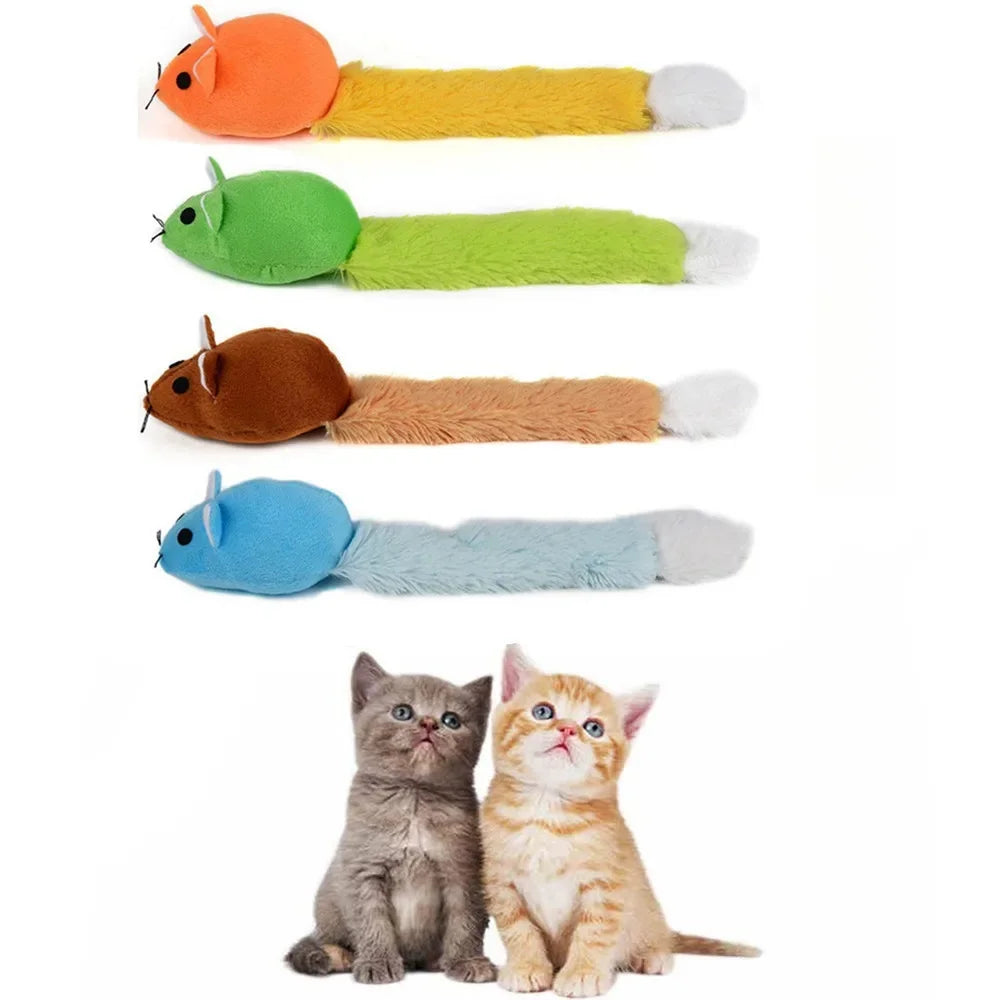 Plush long-tail mouse cat toys in orange, green, brown, and light blue colors