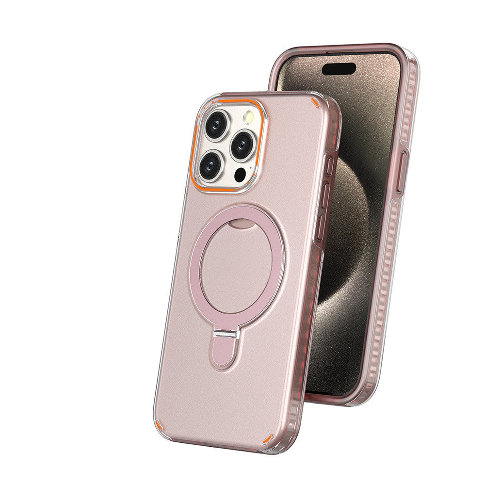 Rose pink transparent phone case with magnetic ring stand and camera cutouts