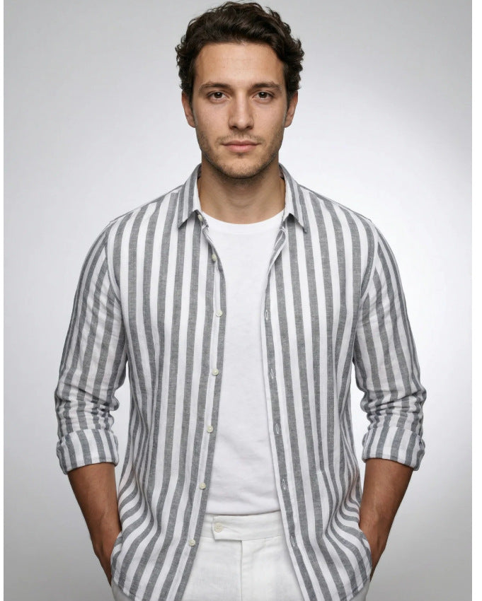 Men's striped casual shirt, gray and white, button-front collar long sleeves