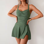 Army green split swimsuit skirt with ruched sweetheart bodice and sleeveless halter straps