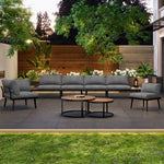 Modular Outdoor Sofa Set With Galvanized Iron Frame, Washable Cushions, Acacia Wood Nesting Tables, For Patio & Garden
