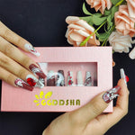 Press-on long nails set in box, glossy red and white tips with crystal embellishments
