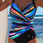 Backless drawstring tankini swimsuit with colorful rainbow stripe print and black bottom