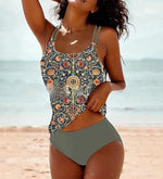 Navy paisley floral halter bikini top with olive green brief bottoms