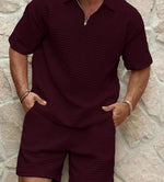 Men's zip short-sleeve shirt and shorts set, burgundy quilted texture, half-zip top