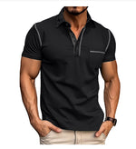 Black henley polo T-shirt, short sleeves, chest pocket, 3-button placket