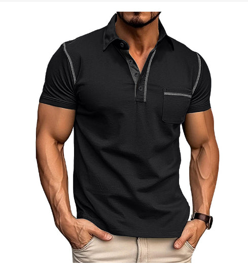 Black henley polo T-shirt, short sleeves, chest pocket, 3-button placket