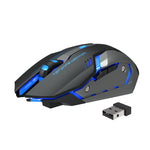 Black wireless gaming mouse with blue LED trim and USB dongle