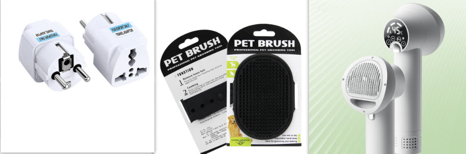 Smart pet hair dryer, pet brush set box, and plug adapters