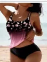 High-waist bikini swimsuit with black printed halter top and solid black bottoms