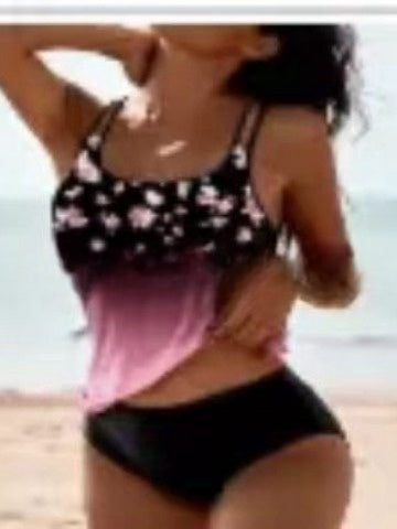 High-waist bikini swimsuit with black printed halter top and solid black bottoms