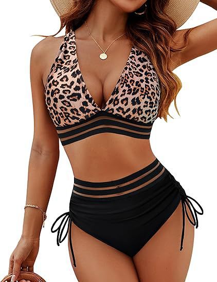 Animal print high waist bikini with V-neck triangle top and striped cutout trim