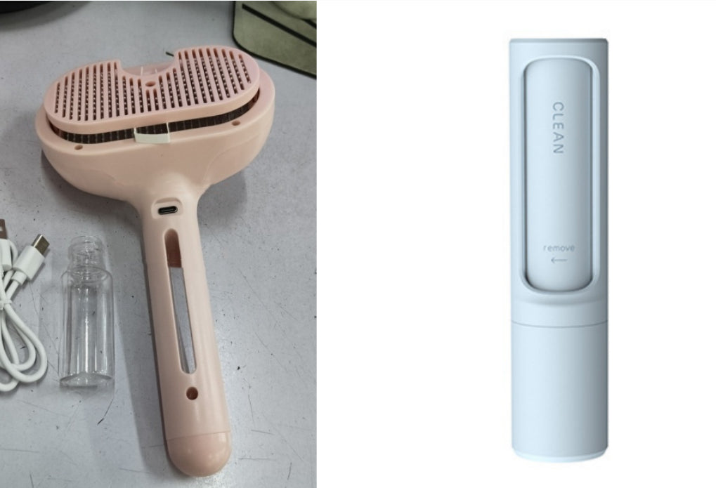 Self-cleaning pet hair remover brush with mist, pink comb head and USB handle