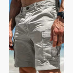 Men's cargo shorts in light gray with button-and-zip fly and cargo pocket