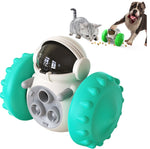 Interactive slow feed pet toy in teal-green, full tumbler with dark viewing dome