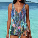 Women’s blue multicolor floral halter bikini swimsuit with tie-front at hem