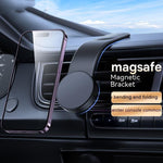 Magnetic car phone holder with round mount and bendable arm near dashboard