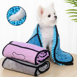 Pet microfiber bathrobe towel, blue and purple roll with paw patch and black trim