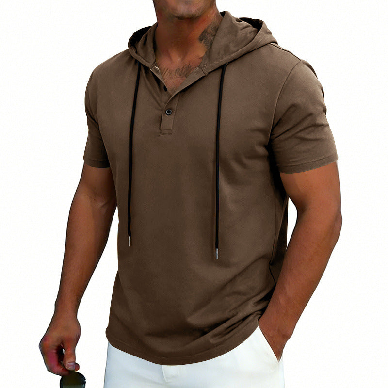 Men's short-sleeve hoodie Henley T-shirt with drawstring, brown color