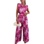 Pink floral sleeveless round-neck top with pleated wide-leg trousers set