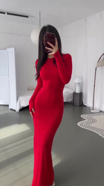 Long-sleeve bodycon maxi dress, solid bright red, crew neck, form-fitting
