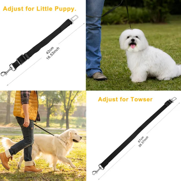 Adjustable black pet dog seat belt leash strap with metal buckle and hooks