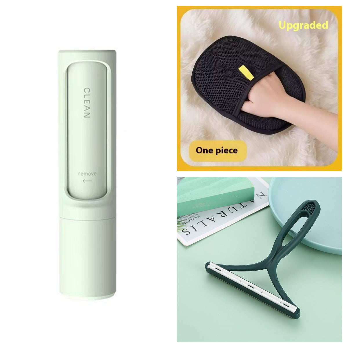 Reusable pet hair lint roller brush with light green handle and lint drum