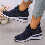 Women's rhinestone wedge sneakers, navy blue knit lace-up with rhinestone lattice detailing