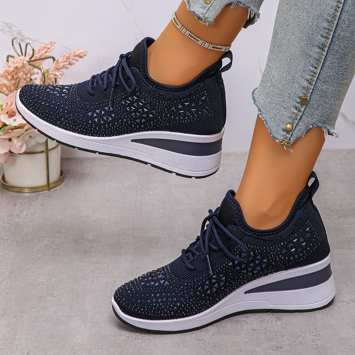 Women's rhinestone wedge sneakers, navy blue knit lace-up with rhinestone lattice detailing
