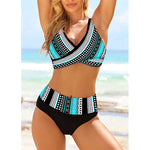 High-waist bikini set with black, white, and turquoise geometric print, V-neck triangle top