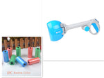 Blue and white dog waste scooper with included bag rolls shown in an inset.