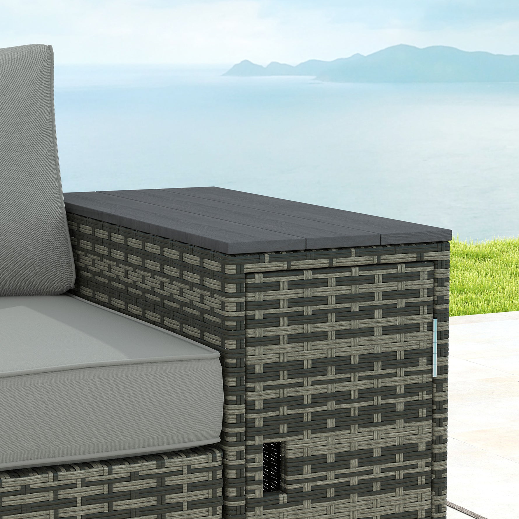 3 Seater Wicker Outdoor Couch Patio Sofa with Storage, Thickened Cushions and Wide Armrests for Porch Yard, Gray