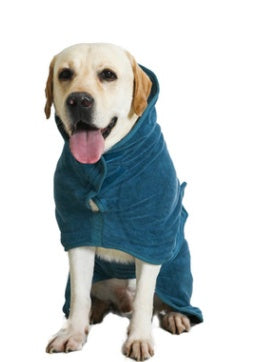 Dog wearing a teal microfiber pet bathrobe drying coat with front hook-and-loop closure