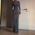 Long-sleeve fitted maxi dress, solid steel blue, crew neck, long straight fit