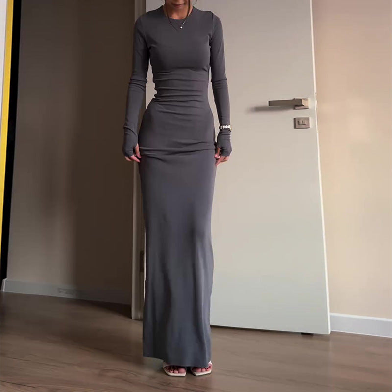 Long-sleeve fitted maxi dress, solid steel blue, crew neck, long straight fit