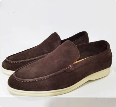 Men's suede loafers, dark brown slip-on driving style with light rubber sole