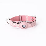 Pink leather pet collar tracker with protective pouch, D-ring, and metal buckle