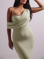 Light Green Rhinestone Off-The-Shoulder Bodycon Dress by [Brand Name] - Dazzle in Style
