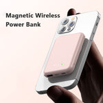 Pink magnetic wireless power bank attached to a smartphone with charging indicator lights