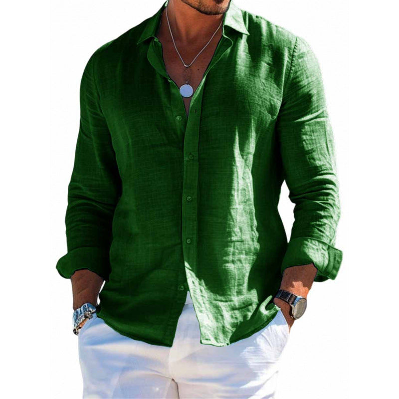 Button-front lapel shirt in green, long sleeves with cuff buttons