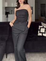 Striped tube top and high-waist trousers set, dark pinstripe strapless top with ruched drape