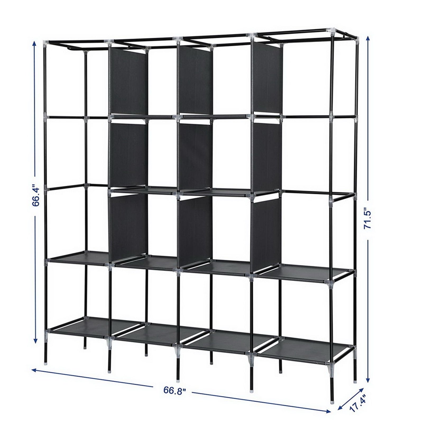 67 Inch Clothes Closet Portable Wardrobe Clothes Storage Rack 12 Shelves 4 Side Pockets Gray