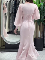 Floral Fishtail Dress by [Brand Name] - Elegant Long Sleeve with Stunning Flower Embellishments