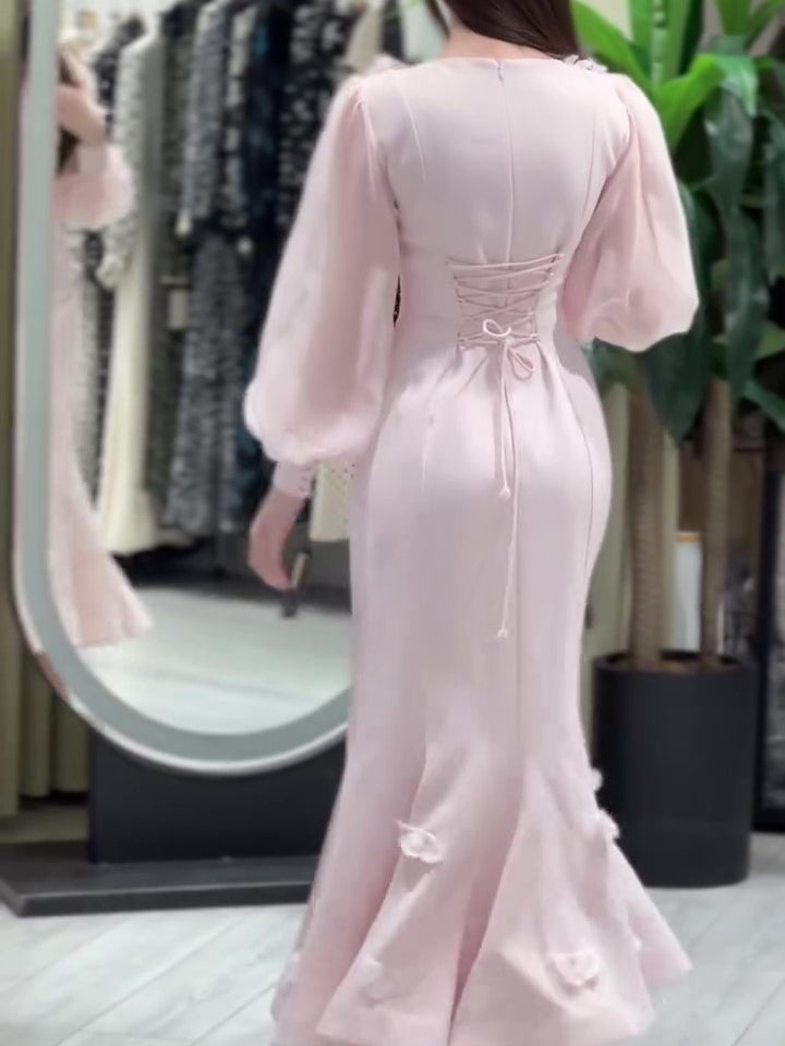 Floral Fishtail Dress by [Brand Name] - Elegant Long Sleeve with Stunning Flower Embellishments