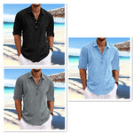 Men's pullover shirt collage: black, gray, and light blue button-front V-neck